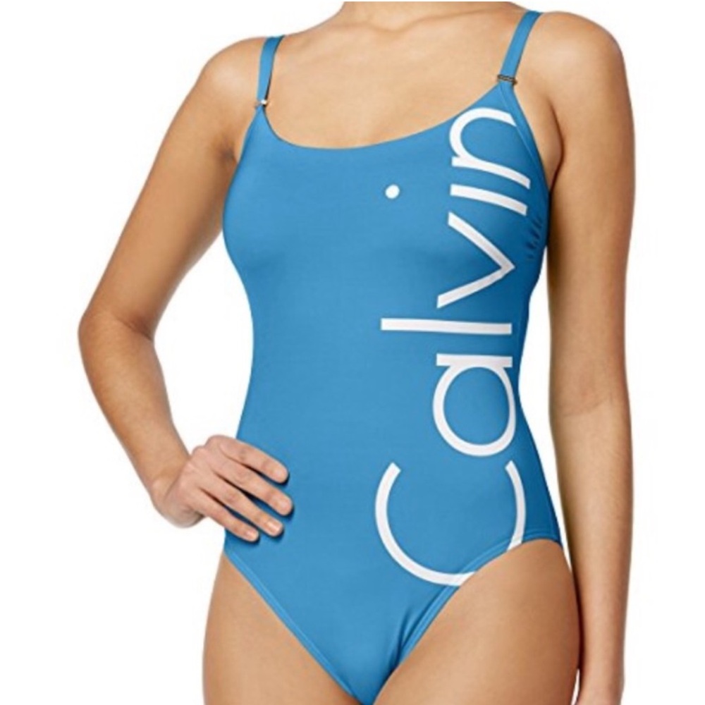 Calvin Klein Women's Logo Classic One-Piece Swim Size 10 Light Blue Pads Include